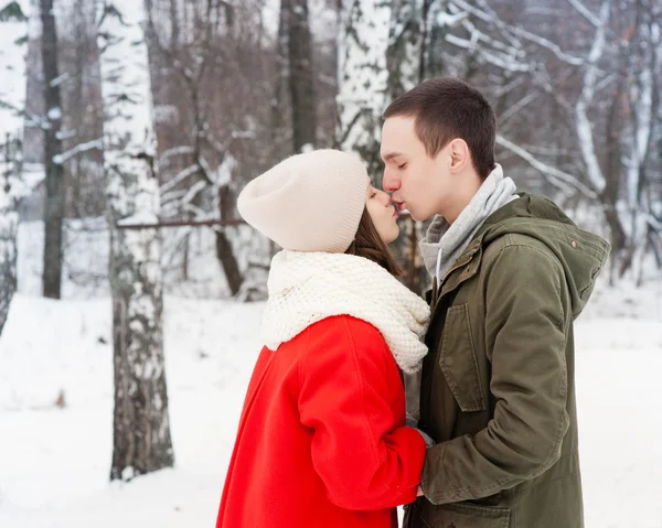 Pareja joven y feliz en el Parque de Invierno divirtiéndose. beso de amor —  Fotos de Stock