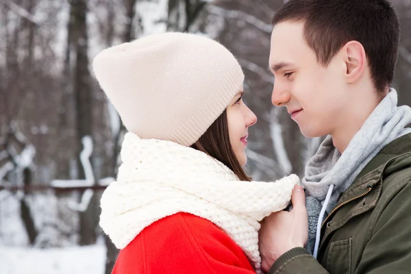 Pareja joven y feliz en el Parque de Invierno divirtiéndose. beso de amor —  Fotos de Stock