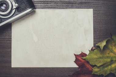 Retro kamera ve ahşap masa üzerinde bazı sonbahar yaprakları