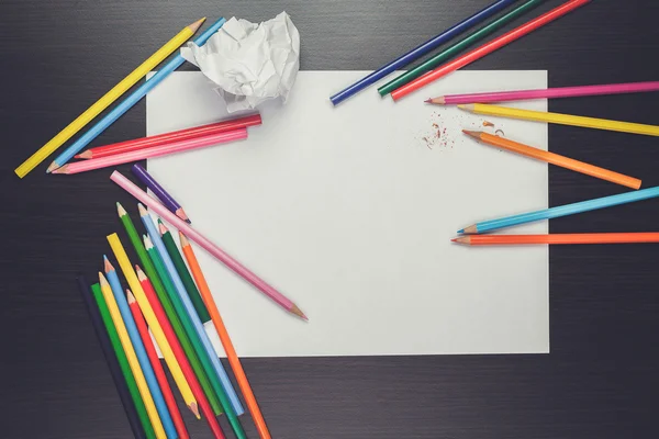 Blank sheet of paper with colorful pencils creative process — Stock Photo, Image