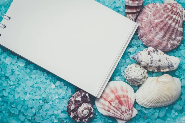 Notebook modré vany sůl a mušle pozadí — Stock fotografie