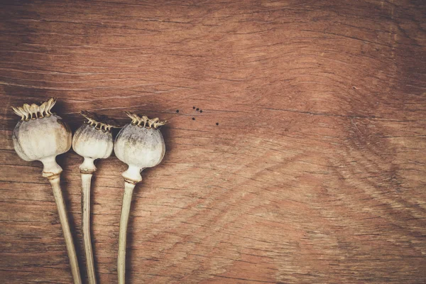 Poppyheads vol met lijnzaad op tafel — Stockfoto