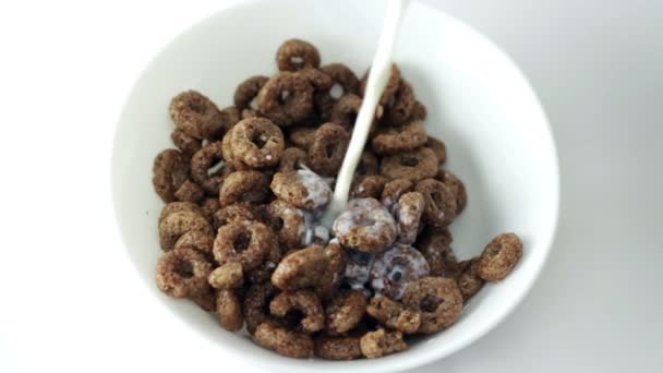 Milk pouring into white bowl with chocolate corn ringlets — Stock Video