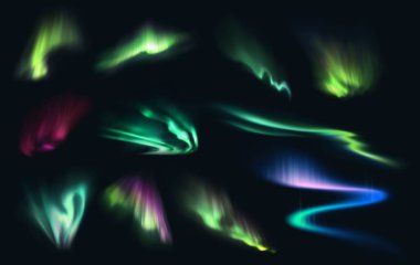 Aurora kuzey, kutup ve güney ışıkları gece gökyüzü arka planında gerçekçi bir vektör. Aurora polaris, borealis ve australis ile yeşil, mavi, pembe ve mor neon ışıklar, parlak ışınlar ve girdaplar