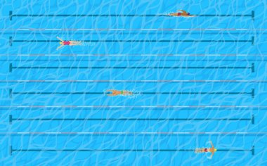 Yüzücülerin olduğu havuz üst görüş alanında, vektör su sporu tasarımı. Yüzen insanlarla yarış havuzu, mayo ve şapkalı kadın ve erkekler, mavi su, soyulmuş şerit ipleri ve işaretleri.