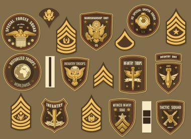 United States army military vector chevrons for officer uniform. Special forces and tactic squad, marksmanship unit, us special sniper, worldwide motorized and infantry troops. Rank stripes and eagles clipart