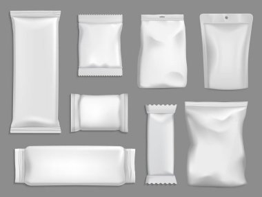 Atıştırmalık paketleri vektör modeli, kesesi ya da kese torbaları 3 boyutlu şablonu izole etti. Folyo, plastik ya da kağıt beyaz dikdörtgen paketler. Yiyecek, çikolata ya da cips paketleri için boş paketler gerçekçi taklit seti