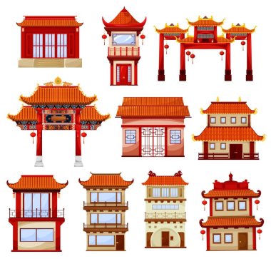 Chinese buildings, temples architecture. Traditional china town with pagoda and gate decorated with red paper festive lanterns. Ancient asian architectural structure, buildings facades exterior design clipart