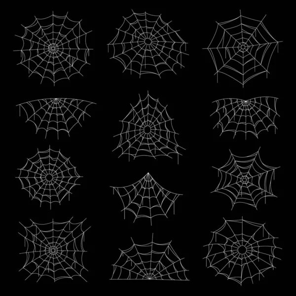 黒の背景にクモの巣とネットベクトルのアイコン ハロウィーンの恐怖の休日 白い絹の円形のネットとスパイラルオーブのウェブ トリックやパーティーの装飾デザインを扱うクモの巣 — ストックベクタ