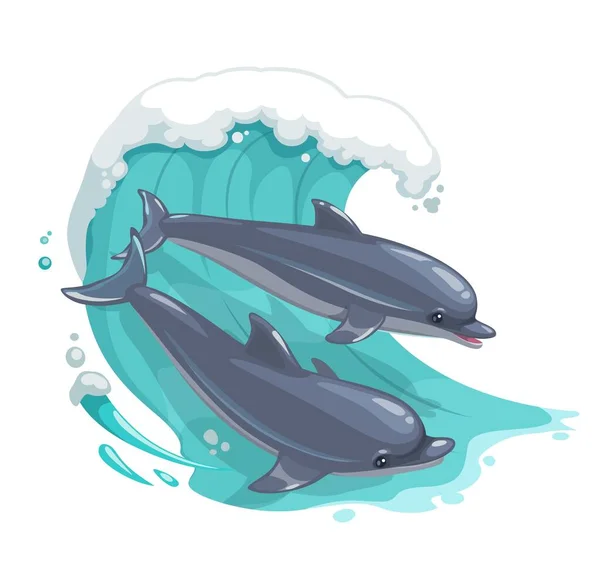 Zeichentrickdelfine Der Meereswelle Vektorozeanwesen Spielen Und Springen Plätschernden Blauen Wasser — Stockvektor