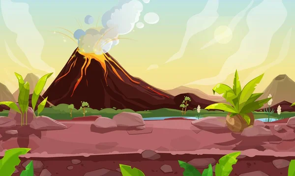 Prehistorische Stomende Vulkaan Game Scene Cartoon Vector Vulkanische Achtergrond Met — Stockvector