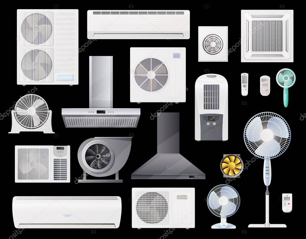 Air conditioners, fans and range hoods vector icons set of conditioning, home and industrial ventilation system. Climate control split units, air duct vent, wall and floor fans with remote control