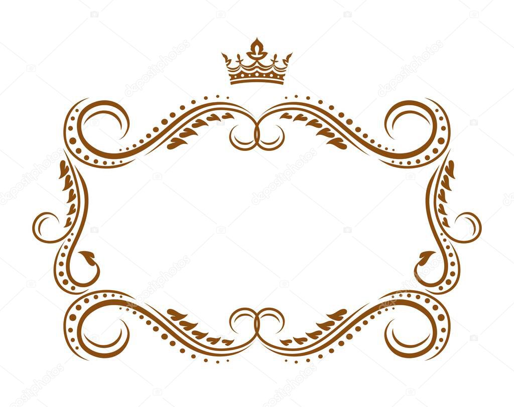 Royal frame with crown, medieval vector embellishment border with flourishes ornament. Elegant vintage template for wedding invitation, decoration in heralding style isolated on white background