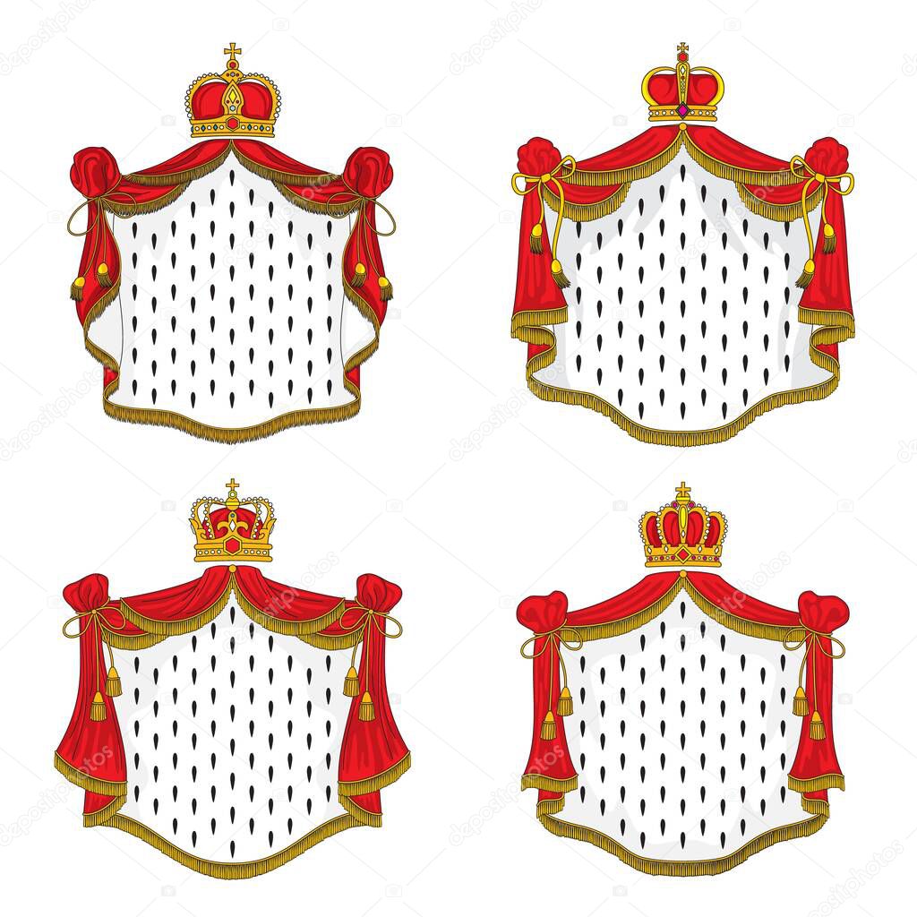 Royal mantle of ermine and gold crown, vector king or queen red cloak with golden fringe, tassels and headwear. Cartoon symbols of monarchy power, emperor coat of arms elements isolated emblems set