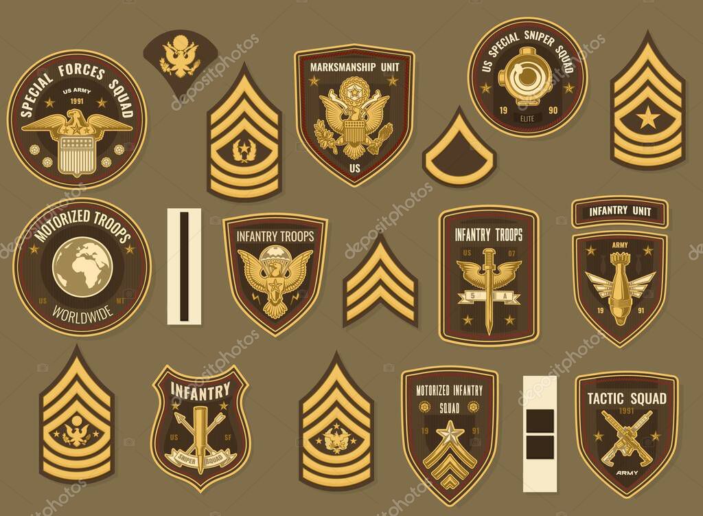 United States army military vector chevrons for officer uniform. Special forces and tactic squad, marksmanship unit, us special sniper, worldwide motorized and infantry troops. Rank stripes and eagles