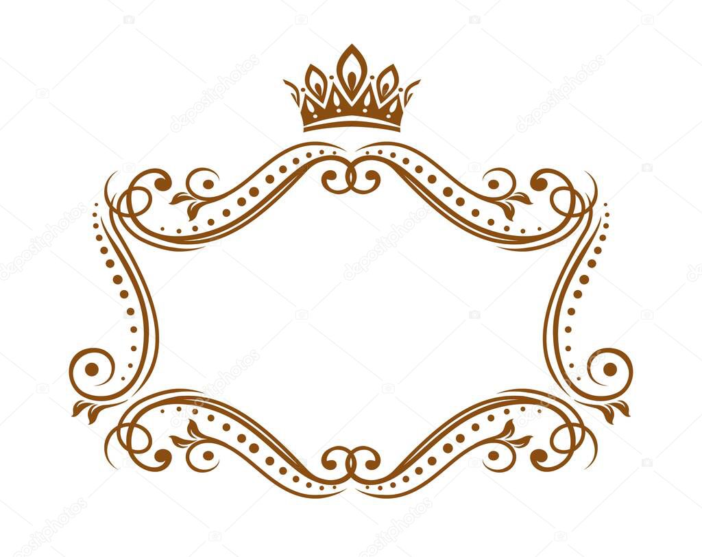 Royal medieval frame with crown, vector embellishment border with flourishes and floral ornament. Elegant vintage template for wedding invitation, heralding decoration isolated on white background