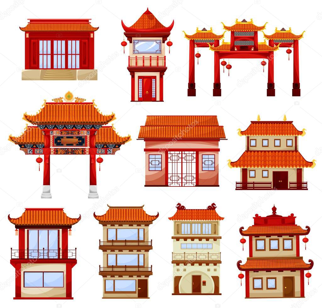 Chinese buildings, temples architecture. Traditional china town with pagoda and gate decorated with red paper festive lanterns. Ancient asian architectural structure, buildings facades exterior design