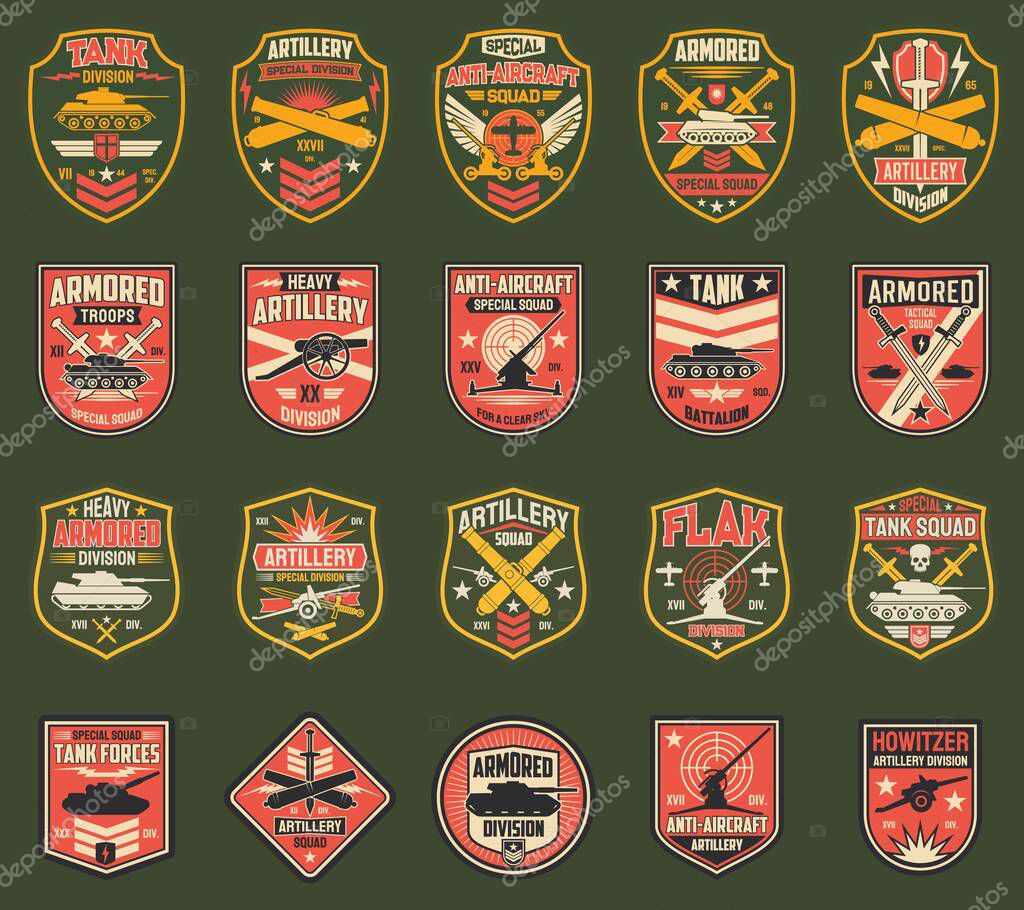 USA military chevrons vector icons, stripes for tank division, artillery and anti-aircraft special squad, armored troops, flak and howitzer. Isolated US army insignia with tanks, cannons or swords set