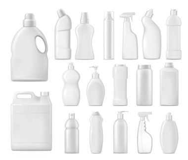Ev yapımı kimyasallar vektör şişeleri, deterjan boş paketler, maketler. Saplı, pompalı beyaz plastik borular, sıvı sabun spreyi, leke çıkarıcı, gerçekçi çamaşır suyu ya da izole edilmiş temiz 3D set.