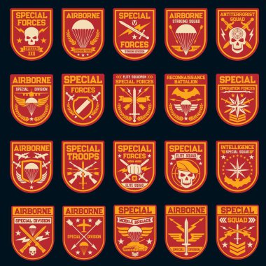 Özel harekat, hava ve hava kuvvetlerinden oluşan askeri ve ordu bölgeleri. Kafatası, kalkan, uçak ve paraşüt, rütbe, yıldız ve ok, kılıç, kanat, silah ve uçak ikonları