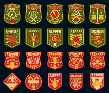 Sapper or combat engineer vector military patches and army badges. Military engineering isolated icons with castle, wings, shovel and axe, hand grenade, sword and arrow, rank, star and cogwheel clipart