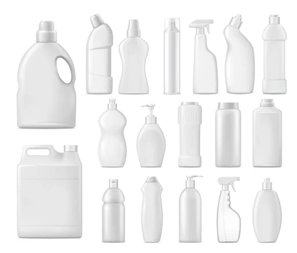 Ev yapımı kimyasallar vektör şişeleri, deterjan boş paketler, maketler. Saplı, pompalı beyaz plastik borular, sıvı sabun spreyi, leke çıkarıcı, gerçekçi çamaşır suyu ya da izole edilmiş temiz 3D set.