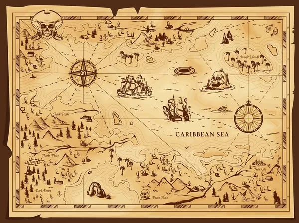 Velho Mapa Pirata Pergaminho Usado Com Jolly Roger Tricorn Mar —  Vetores de Stock