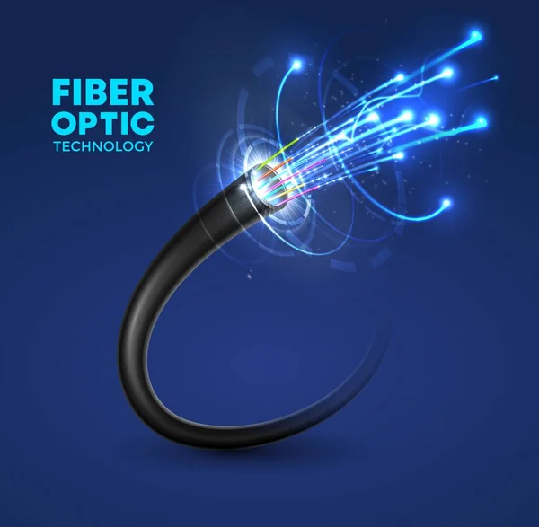 İnternet, ağ, hızlı veri bağlantısı ve telekomünikasyon için fiber optik kablo teknolojisi vektör tasarımı. Renkli ceketli ve mavi neon çizgili çoklu fiber tel, iletişim ağı