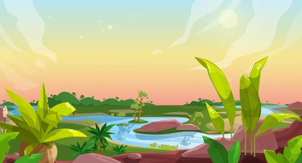 만화의 배경에는 야자나무와 바위와 식물이 사용자 인터페이스 애니메이션 디자인 — 스톡 벡터