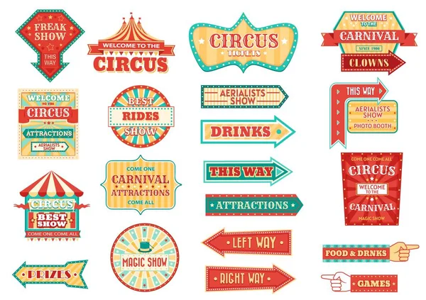 Büyük sirk gösterisi retro işaretleri, parlayan ok işaretleri. Karnaval ve panayır, sirk ucubeleri ve akrobatların gösterisi, sihirbazlık ve palyaço gösterisi, yemek ve içecekler aydınlatıcı işaretler.