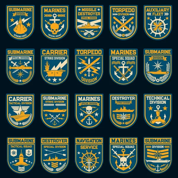Patches Emblemas Vetor Força Naval Naval Âncora Náutica Submarino Navio — Vetor de Stock