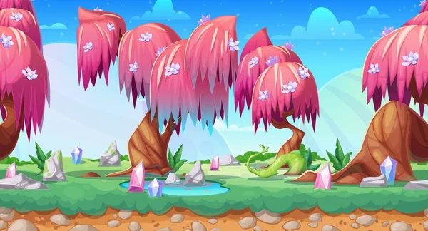 판타지 게임의 방향없는 보물찾기 수정과 분홍빛 나뭇잎 꽃들의 애니메이션 — 스톡 벡터