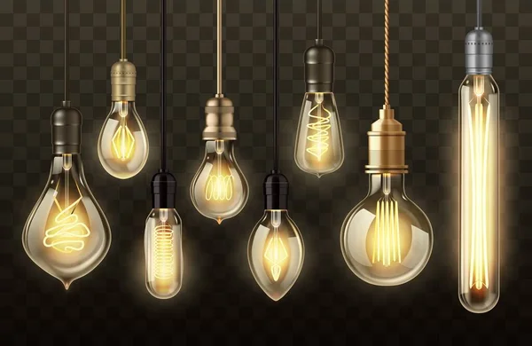 Лампочки Прозорому Фоні Реалістичний Векторний Дизайн Світлові Лампи Підвісної Нитки — стоковий вектор