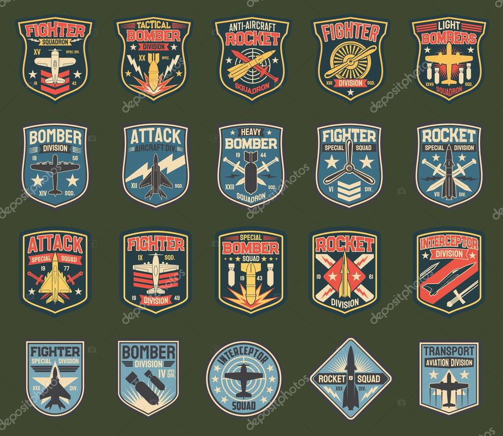 Army chevrons, vector stripes for fighter squadron, tactical, heavy and light bomber division, anti-aircraft rocket. Attack aircraft, special squad, interceptor, aviation transport army insignia icons