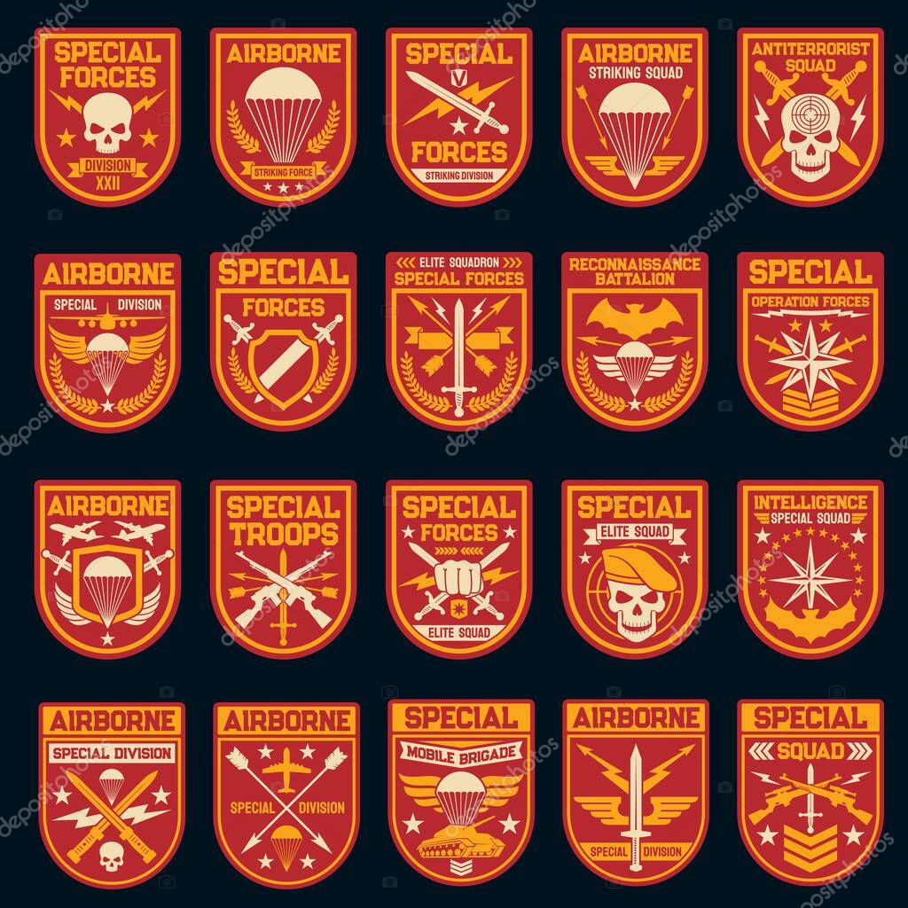 Military and army patches of special operation, air and airborne forces. Vector icons of skull, shield, airplane and parachute, rank, star and arrow, sword, wing, weapon and aircraft