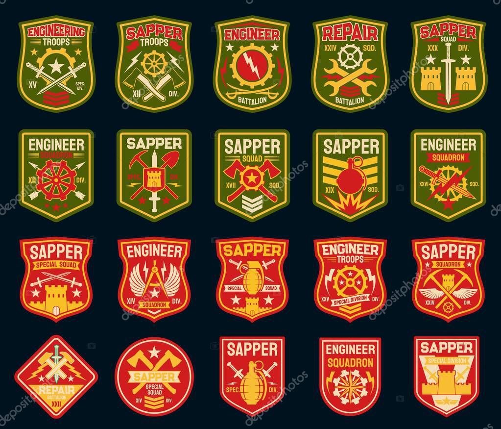 Sapper or combat engineer vector military patches and army badges. Military engineering isolated icons with castle, wings, shovel and axe, hand grenade, sword and arrow, rank, star and cogwheel