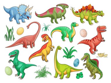 Dinozor çizgi film karakterleri, sevimli yavru dinazor hayvanları ve yumurtaları. Komik triceratops, stegosaurus ve raptor, brontozor, t-rex, spinosaurus ve tyrannosaurus, brachiosaurus ve dilophosaurus