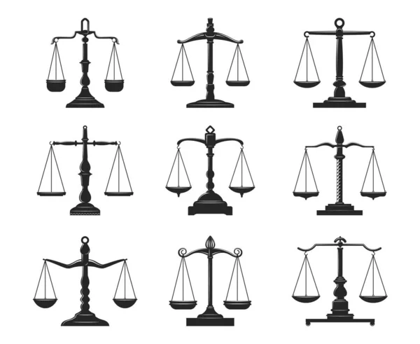 公正与法律的平衡尺度隔离了矢量图标 律师和法官的黑色象征 具有复古重量平衡的老式装饰支架 杠杆和称重盘 — 图库矢量图片