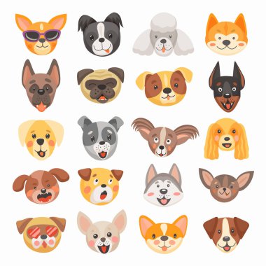 Şirin köpek ve köpek yavrusu, evcil hayvanların çizgi film tasarımı ile karşı karşıya. Teriyer başları, Fransız bulldog, pug ve corgi, labrador, kaniş, doberman ve chihuahua köpekleri komik dilli, gülümsemeli