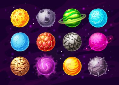 Uzaylı uzay gezegenleri uzay oyunu UI 'nin karikatür vektör tasarımı, kullanıcı arayüzü. Yörüngeleri, taşları, sihirli enerji kraterleri, buz kristalleri, sis halkaları ve yıldızları olan fantezi evren gezegenleri.