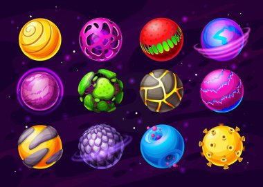 Yabancı yaşam gezegenleri, fantezi dünyası çizgi film ikonları. Farklı yüzeye sahip renkli fantastik gezegenler veya asteroitler, canlı çekirdek, lav ve kraterler vektörü. Kullanıcı arayüzü UI veya GUI tasarım ögeleri ayarlandı