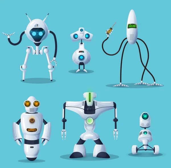 Robot Bot Android Cyborg Cartoon Characters Vector Artificial Intelligence Mobile — Stock Vector