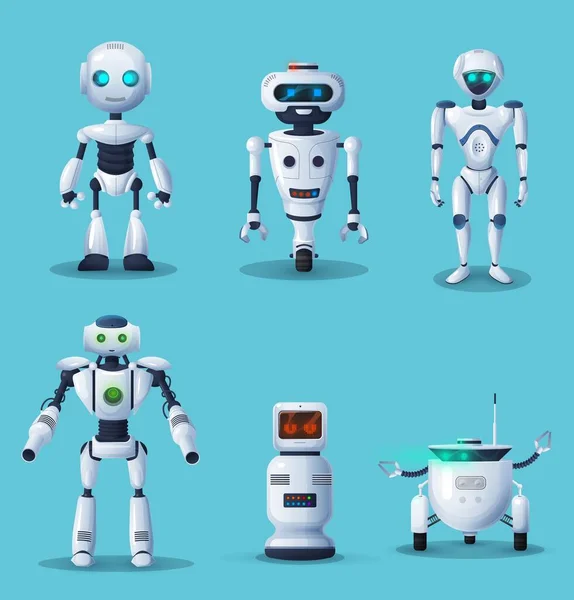 Futuros Robots Personajes Dibujos Animados Androides Lindos Robots Cyborgs Humanoides — Vector de stock