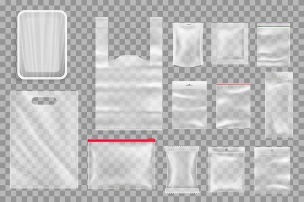 Yiyecek ürünleri plastik ambalaj modelleri. Plastik ambalajlı polietilen tepsisi, saplı ve hava geçirmez çantalı tişört paketi, fermuarlı boş keseler, delikler ve delinme 3 boyutlu gerçekçi vektörler.