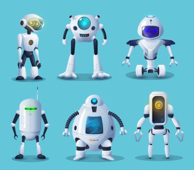 Robot ve android robot vektör karakterleri yapay zeka teknolojileri. Çizgi film beyaz cyborglar ve robot kollu droidler, manipülatörler, bacaklar ve tekerlekler, modern robot yardımcılar tasarımı