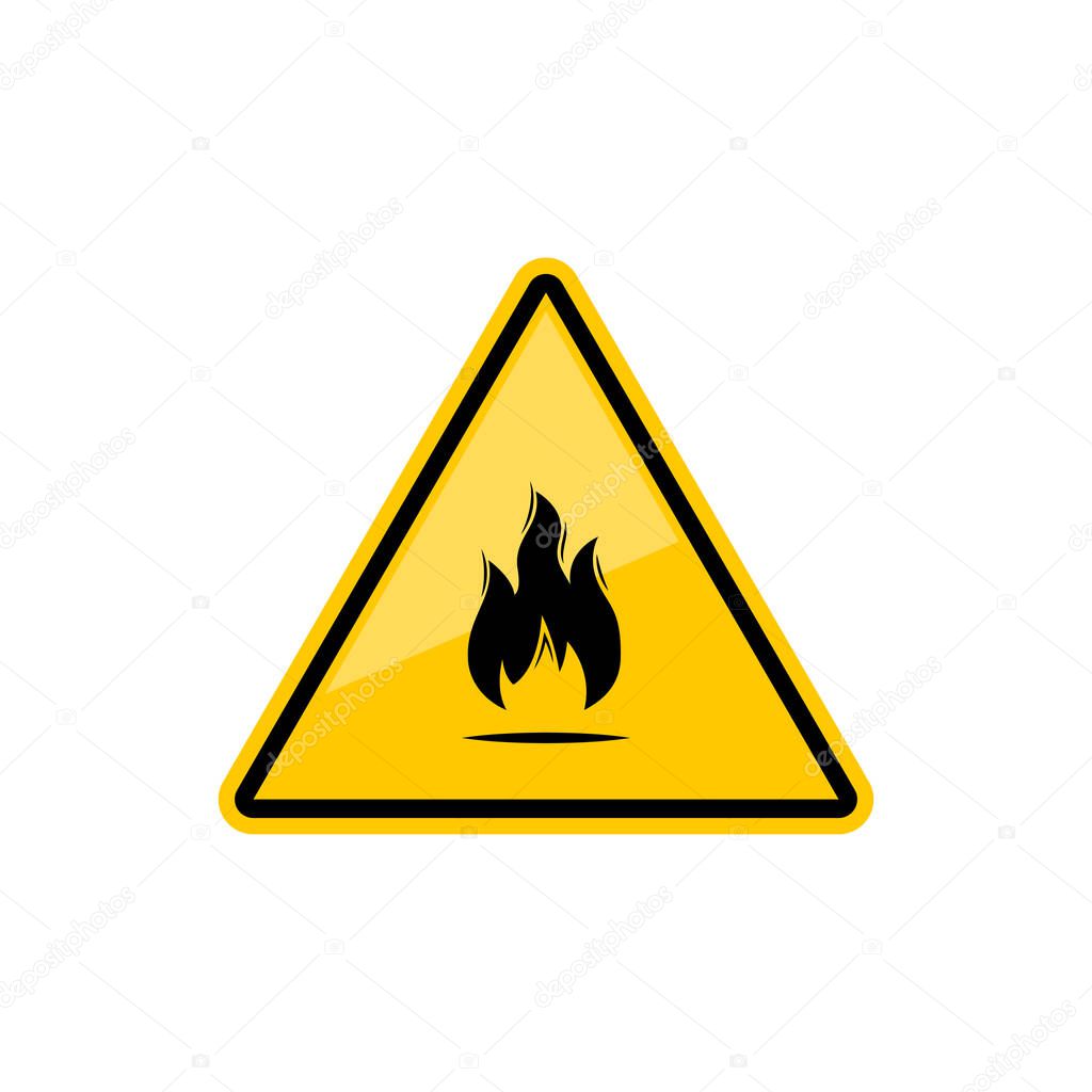 Fire warning sign in yellow triangle isolated icon. Vector flammable or inflammable substance or material icon, black flame pictogram in triangular sticker. Hazard danger flammable precaution sign