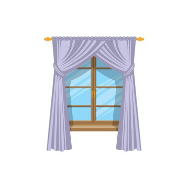 Ahşap pencerenin korniş perdeleri izole edilmiş ikon. Vektör perdeler ya da gölgeler, ev içi ve pencere tedavileri tasarımı. Üstü ve kuşak perdeleri çubuk ve çıkıntılı, dikey panjurlu.