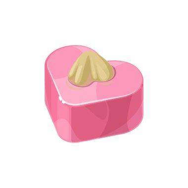 Fındıklı çikolata kaplı kalp şeklinde parlak çikolata şekerlemeler izole edilmiş tatlı şekerlemeler. Vector Sevgililer Günü tatilinde gerçekçi tasarım, 3 boyutlu kalp şeklinde tatlı, jöleli pembe kakao şekeri