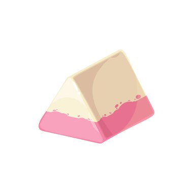 Beyaz çikolata ve çilek kremalı izole edilmiş cheesecake ikonu. Vektör üçgen ya da 3 boyutlu dizayn şekerlemenin piramit şekli, tatlı tatlı tatlı tatlı, lezzetli kremalı ikram, şekerleme besin