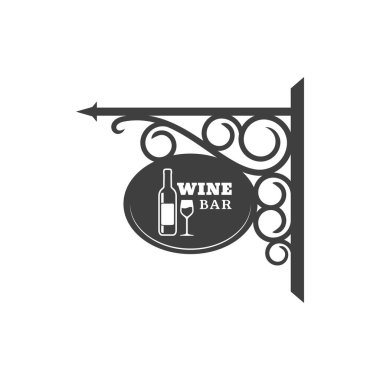 Sahte süslemeli şarap çubuğu metal tabelalar, bir şişe alkol ve cam. Vector Restoranı, klasik sokak levhası. İşlenmiş metal parantezli şarap dükkanı tahtası, kafe bar tabelası.